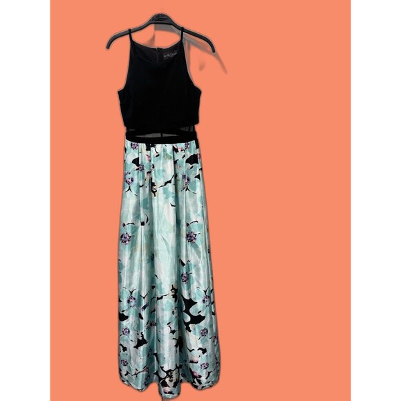 Betsy & Adam Black Floral Maxi Dress 4 • Formal Evening Gown Mesh Waist USA - Picture 1 of 7